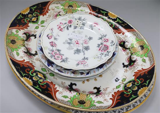 An Edwardian Doulton meat platter and mixed masons and other plates